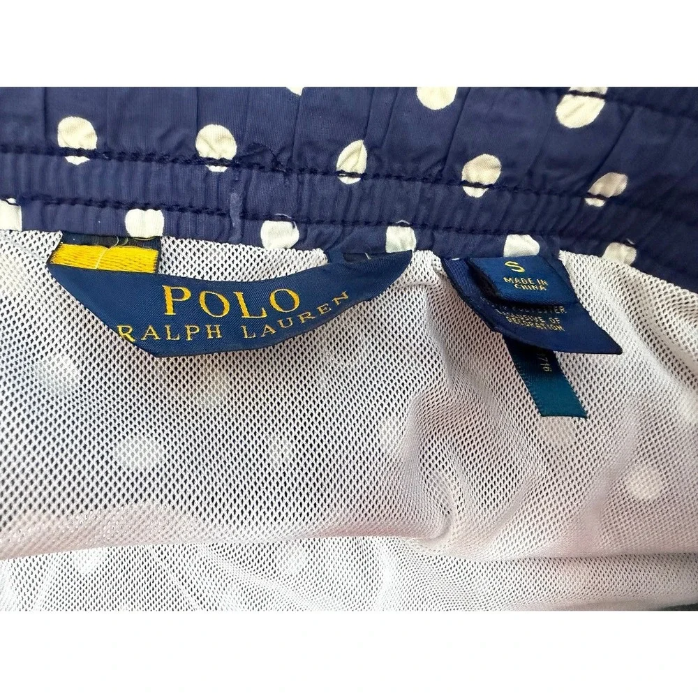 Polo Ralph Lauren Mens Small Navy Blue Polka Dot Swim Trunks Shorts Yellow Pony